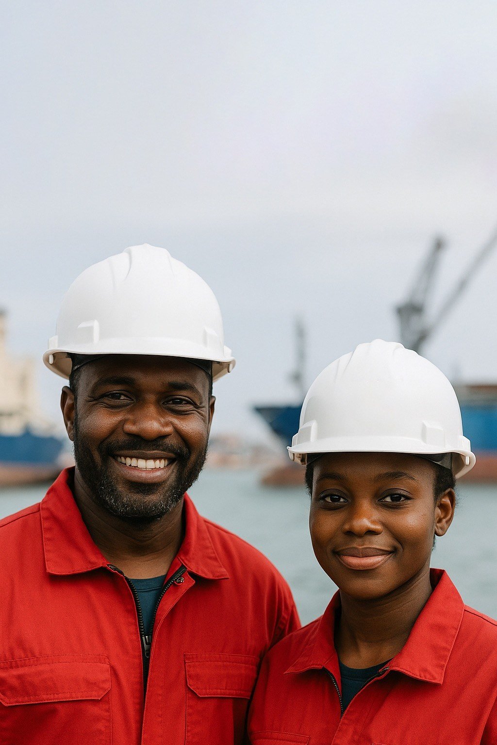Marine professionals in safety helmets
